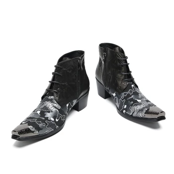 Роскошные мужские ботинки ручной работы с металлическим носком, черные кожаные ботильоны с принтом, мужские ботинки на шнуровке для рок-вечеринок и свадеб 4