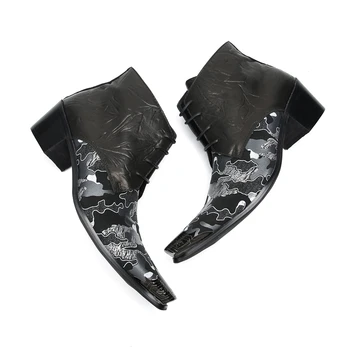 Роскошные мужские ботинки ручной работы с металлическим носком, черные кожаные ботильоны с принтом, мужские ботинки на шнуровке для рок-вечеринок и свадеб 5