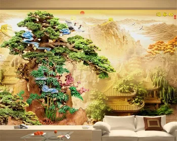 Индивидуальные фрески papel de parede 3D бутик резьба по дереву сосна белая цапля фон в китайском стиле обои домашний декор 3D Обои 0