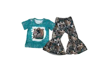 Летняя одежда для девочек, топы с короткими рукавами и принтом головы крупного рогатого скота + Расклешенные брюки с геометрическим рисунком и принтом коровы