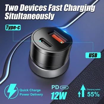 Автомобильное быстрое зарядное устройство PD12W Type C + USB, двухпортовый черный адаптер для зарядки Huawei OPPO Samsung Mini, портативная быстрая зарядка 3