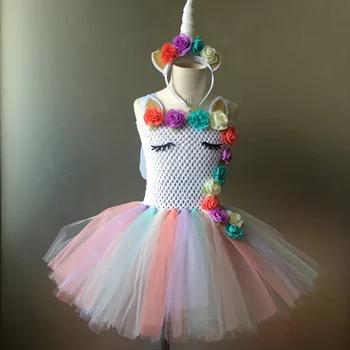 Платье-пачка с единорогом для девочек в пастельных тонах, детское вязаное крючком Тюлевое платье с бантом для волос, детское праздничное мультяшное платье для косплея