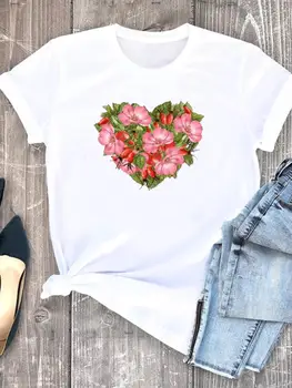 Тренд 90-х - футболки с принтом Love Heart Flower, футболки с коротким рукавом, женская одежда, женская повседневная модная женская футболка с рисунком