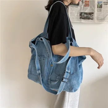 Выстиранная джинсовая синяя унисекс сумка-мессенджер через плечо, женские студенческие сумки большой емкости, модная крутая Мужская Женская сумка через плечо