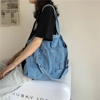 Выстиранная джинсовая синяя унисекс сумка-мессенджер через плечо, женские студенческие сумки большой емкости, модная крутая Мужская Женская сумка через плечо 1
