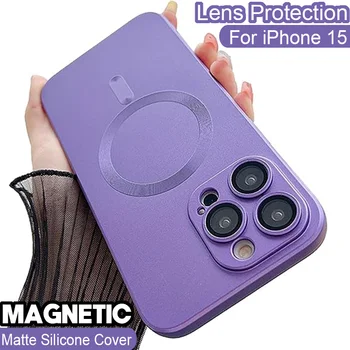 Роскошная Магнитная Крышка Для Беспроводной Зарядки Magsafe Case iPhone 15 14 Plus 13 12 11 Pro Max XR XS С Матовой Силиконовой Защитой Объектива