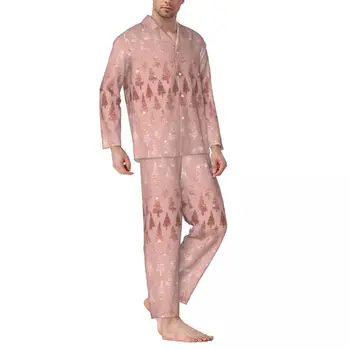 Пижамы Мужские Элегантные пижамы цвета розового золота с металлическим отливом, блестящие розовые Рождественские елки, повседневные пижамные комплекты, Удобный домашний костюм большого размера