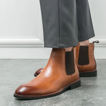 Модные мужские ботинки коричневые ботильоны из натуральной кожи с плоской подошвой, высококачественные остроносые ботинки 