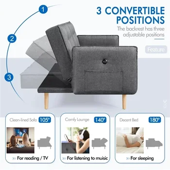 Раскладной диван-футон из пены с эффектом памяти Alden Design с USB, серая мебель для гостиной, Диван, Диван-кровать 4