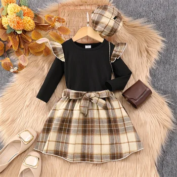 Осенний наряд для девочек, футболка в стиле пэчворк с круглым вырезом и длинным рукавом, клетчатая юбка с поясом и шляпа