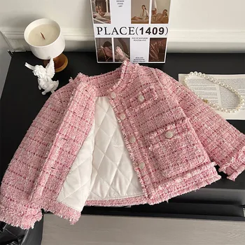 2023 Зима Для маленьких девочек Розовая куртка в корейском стиле с толстым длинным рукавом Модная теплая верхняя одежда для девочек Пальто