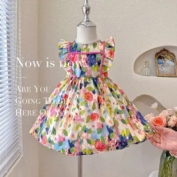 Congme Летняя Модная одежда для девочек Платье для маленьких детей в Корейском стиле с цветочным рисунком Без рукавов Повседневная Милая юбка принцессы