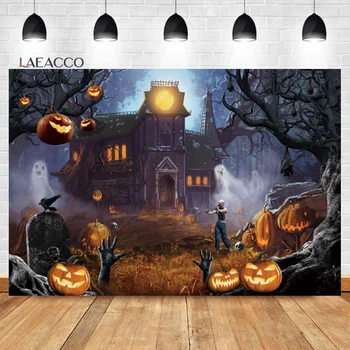 Фон для Хэллоуина Laeacco Замок с привидениями, зомби, Тыква, Жуткое кладбище, дети, фон для портретной фотографии на день рождения ребенка 0