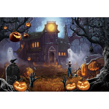 Фон для Хэллоуина Laeacco Замок с привидениями, зомби, Тыква, Жуткое кладбище, дети, фон для портретной фотографии на день рождения ребенка 3