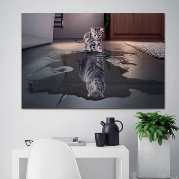 Творчество Тигр и Кошка на Холсте Картина Маслом Плакаты и Принты Quadros Wall Art Современная Картина для Декора Гостиной Cuadros