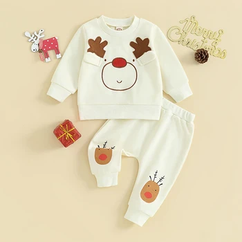 Комплект детских штанов BeQeuewll, толстовка с круглым вырезом и мультяшным лосем с длинными рукавами и спортивными штанами, рождественский наряд для девочек и мальчиков