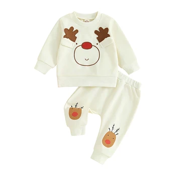 Комплект детских штанов BeQeuewll, толстовка с круглым вырезом и мультяшным лосем с длинными рукавами и спортивными штанами, рождественский наряд для девочек и мальчиков 1