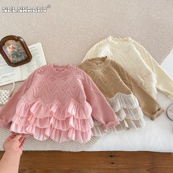 Модный свитер для маленьких девочек на весну 2024 года - Детская вязаная верхняя одежда в стиле пэчворк с рюшами, Принцесса для малышей 2-7 лет