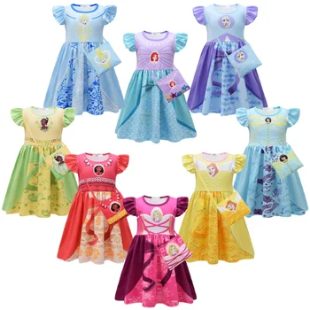 Детское платье принцессы для девочек, платье принцессы-русалки Frozen Elsa Belle, платье Jasmine, летнее платье для маленьких девочек с сумкой, комплект из 2 предметов