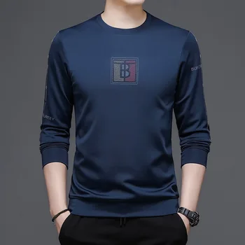 2023 Новая мужская футболка с длинным рукавом и принтом, мужская базовая рубашка с круглым вырезом, модная тонкая толстовка, мужская повседневная футболка