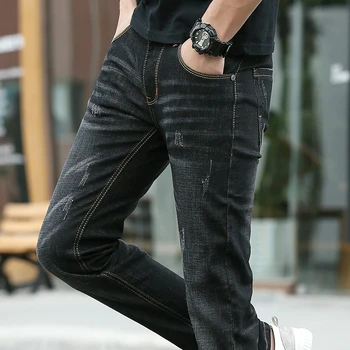 Джинсы мужские летние стрейчевые Облегающие повседневные модные тонкие брендовые джинсовые брюки для маленьких ног Весна и осень Повседневные Молодые Большие размеры