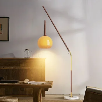 Напольная люстра из хурмы Современный минималистичный американский ретро светильник в гостиной Корпус лампы с трансферной печатью из орехового дерева