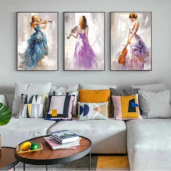 Модная элегантная девушка, играющая на скрипке, холст, живопись, плакаты и принты, современная настенная художественная картина для домашнего декора гостиной