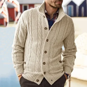 Мужской свитер, осенне-зимний Новый однотонный крученый трикотаж, свитер с длинным рукавом и стоячим вырезом, пальто