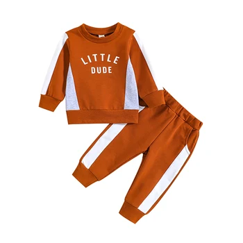 Одежда для маленьких мальчиков, толстовка с длинными рукавами и круглым вырезом с буквенным принтом, Комплект брюк для новорожденных, костюмы из 2 предметов