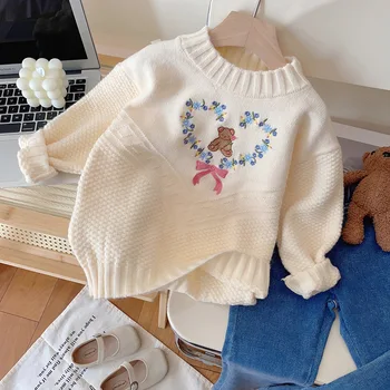Вязаные свитера для девочек, Весна-осень 2024, Детский шерстяной трикотаж, Верхняя одежда для ребенка, пуловер, свитер, одежда для малышей 5, 6, 7 лет 2