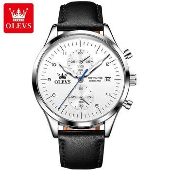 Оригинальные кварцевые часы OLEVS для мужчин с кожаным ремешком Простые модные наручные часы ведущего бренда Водонепроницаемые Светящиеся часы с датой Мужские часы