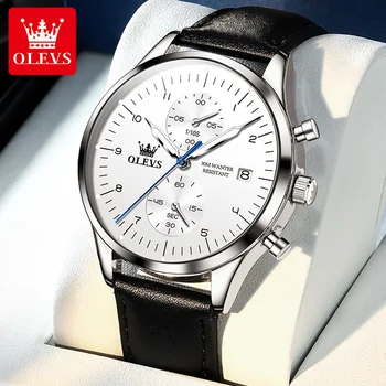 Оригинальные кварцевые часы OLEVS для мужчин с кожаным ремешком Простые модные наручные часы ведущего бренда Водонепроницаемые Светящиеся часы с датой Мужские часы 1