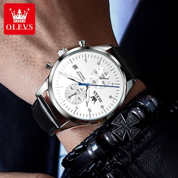 Оригинальные кварцевые часы OLEVS для мужчин с кожаным ремешком Простые модные наручные часы ведущего бренда Водонепроницаемые Светящиеся часы с датой Мужские часы 2
