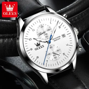Оригинальные кварцевые часы OLEVS для мужчин с кожаным ремешком Простые модные наручные часы ведущего бренда Водонепроницаемые Светящиеся часы с датой Мужские часы 5