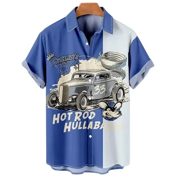 2023 Ретро Гавайские рубашки Man Car 3D Принт Рубашка с коротким рукавом и отворотом для мужчин Модные мужские рубашки Harajuk Мужская одежда большого размера