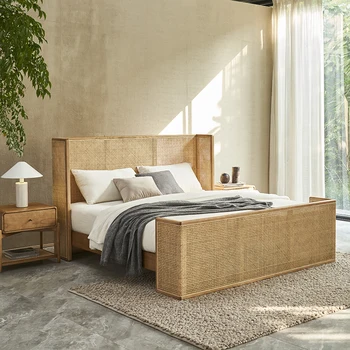 Кровать из массива дерева ротанговая кровать B & B hotel inn двуспальная кровать винтажная спальня из ротанга ротанговая кровать