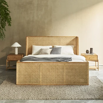 Кровать из массива дерева ротанговая кровать B & B hotel inn двуспальная кровать винтажная спальня из ротанга ротанговая кровать 1