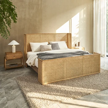 Кровать из массива дерева ротанговая кровать B & B hotel inn двуспальная кровать винтажная спальня из ротанга ротанговая кровать 2