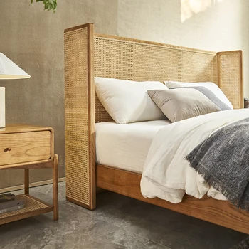 Кровать из массива дерева ротанговая кровать B & B hotel inn двуспальная кровать винтажная спальня из ротанга ротанговая кровать 3
