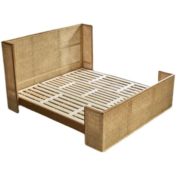 Кровать из массива дерева ротанговая кровать B & B hotel inn двуспальная кровать винтажная спальня из ротанга ротанговая кровать 4
