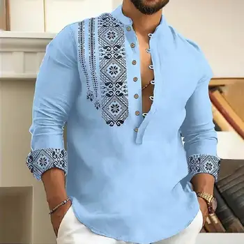 Осенняя мужская рубашка с винтажным принтом, мужская приталенная рубашка с воротником-стойкой, Классический этнический стиль для офисной одежды, мягкая дышащая