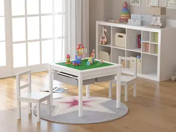 Детский конструкционный игровой стол UTEX Wooden 2 в 1 и 2 стула в комплекте с Выдвижными ящиками для хранения и встроенной плитой, совместимой