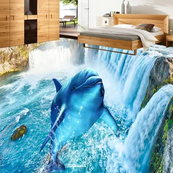 Пользовательские 3D Фрески Обои Водопад Дельфин Гостиная Спальня 3D Фрески на полу ПВХ Водонепроницаемые Самоклеящиеся наклейки Обои