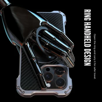 Сверхмощный вращающийся на 360 градусов металлический кольцевой кронштейн для iPhone 15 Pro Max Магнитный военный держатель Carbon Fiber Armor Magsafe Case