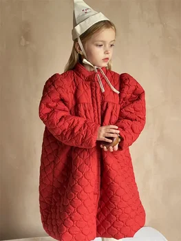 Детская одежда 2023, Зимняя утепленная хлопчатобумажная одежда с пузырчатыми рукавами, однотонное повседневное простое теплое длинное пальто для девочек
