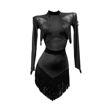 Черное платье для латиноамериканских танцев с бахромой, костюм для соревнований по Самбе и румбе для взрослых, платья для выступлений в стиле Чача с длинным рукавом VDB1452