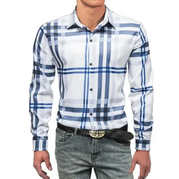 Осень 2023, Новая мужская рубашка, повседневный универсальный воротник поло в полоску и клетку, Мужские рубашки с длинным рукавом