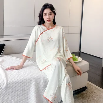 Пижамы в китайском стиле, женский весенне-осенний комплект летней домашней одежды из ледяного шелка, пижама, ночное белье, домашняя одежда 0