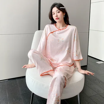 Пижамы в китайском стиле, женский весенне-осенний комплект летней домашней одежды из ледяного шелка, пижама, ночное белье, домашняя одежда 1