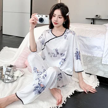 Пижамы в китайском стиле, женский весенне-осенний комплект летней домашней одежды из ледяного шелка, пижама, ночное белье, домашняя одежда 2